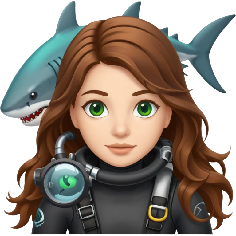 A scuba (long brown wavy hair green eyes) girl and a shark emoji