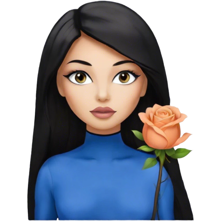 Glamours, tanned, very beautiful girl, with big pump peach-beige-rose lips, eyeliner, long long lashes, black straight smooth silky long hair, straight parting hair, blue-grey eyes, black bodysuit long-sleeves emoji