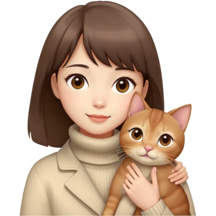 Cute East Asian girl, soft fair skin, big brown eyes, straight bangs, inward brown bob. Wearing a beige turtleneck sweater and cream-colored coat, rosy cheeks, gentle smile, holding an Abyssinian c emoji