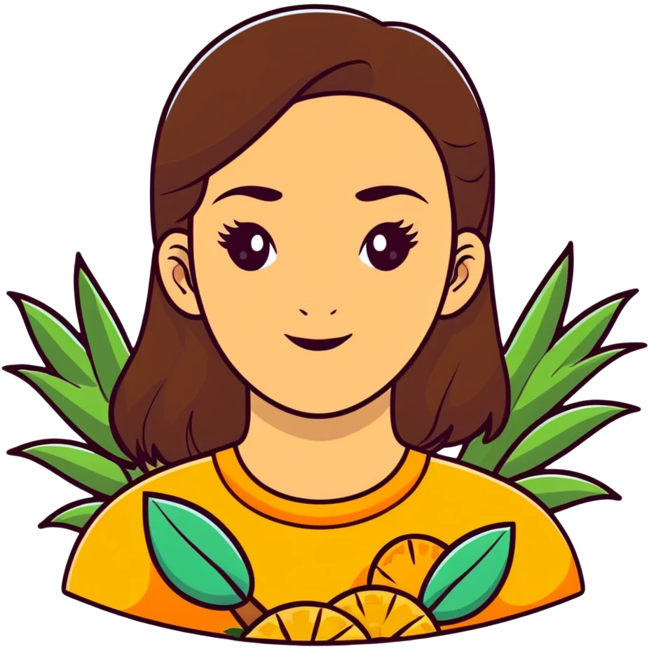 confident young woman with oval face, warm skin, long dark brown hair, thick eyebrows, large brown eyes, gentle smile, surrounded by tropical elements: palm trees, pineapples, oranges, lush green leaves, tropical botanical illustration, vibrant natural colors, sticker-like white outline emoji