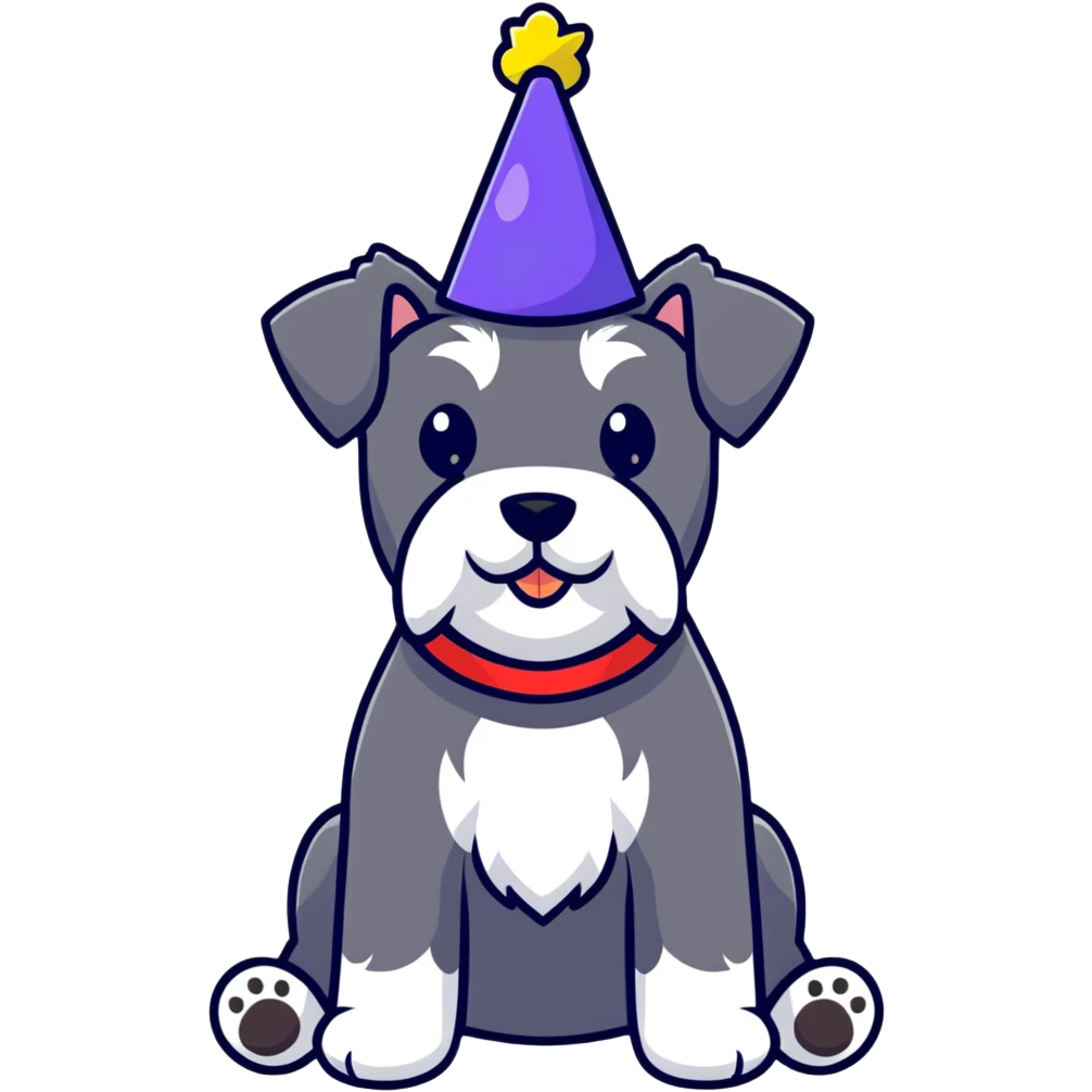 A schnauzer dog wearing a colorful birthday hat emoji