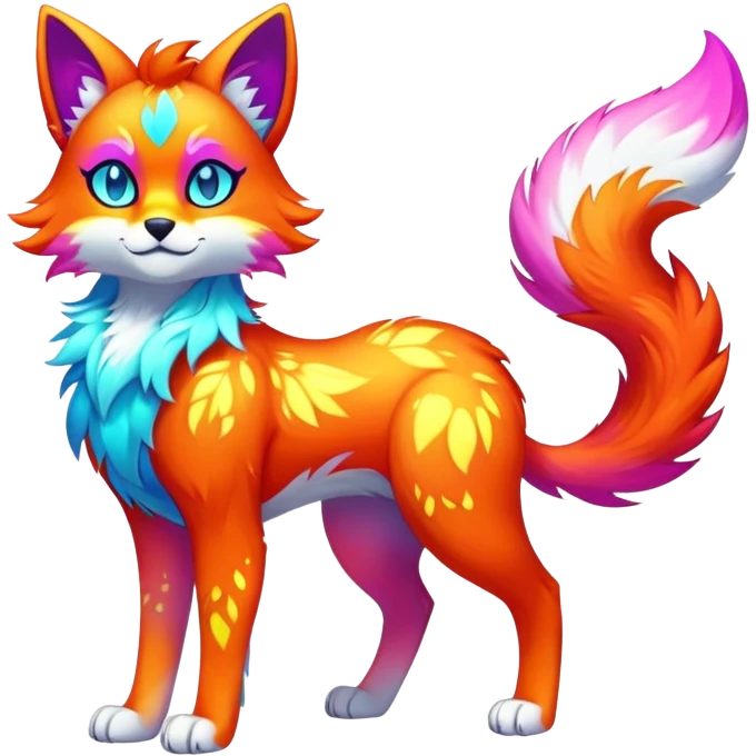 Vibrant multicolored neon-colored Falvie-Fionbri-creature-sparkle-feline-canine-hybrid-fursona, full body emoji