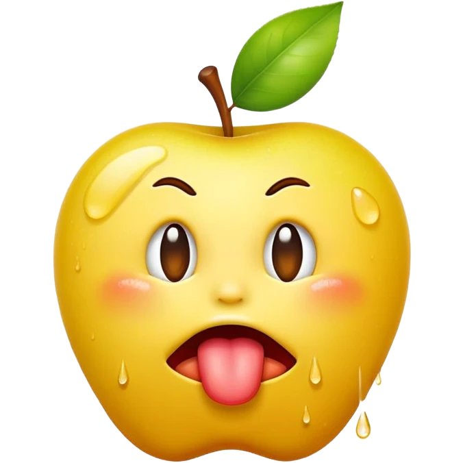 classic yellow apple emoji face, exaggerated pout, tongue out, spit droplets emoji