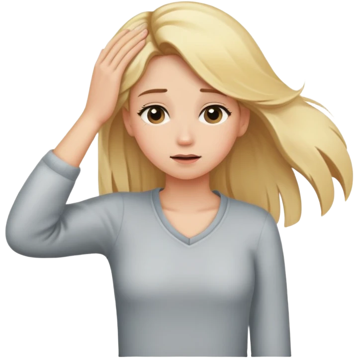 A blonde girl is embarrassed and adjusts her hair with one hand behind her back. emoji