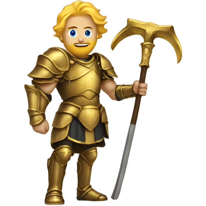 Man with golden hair and golden armor holding a scythe emoji