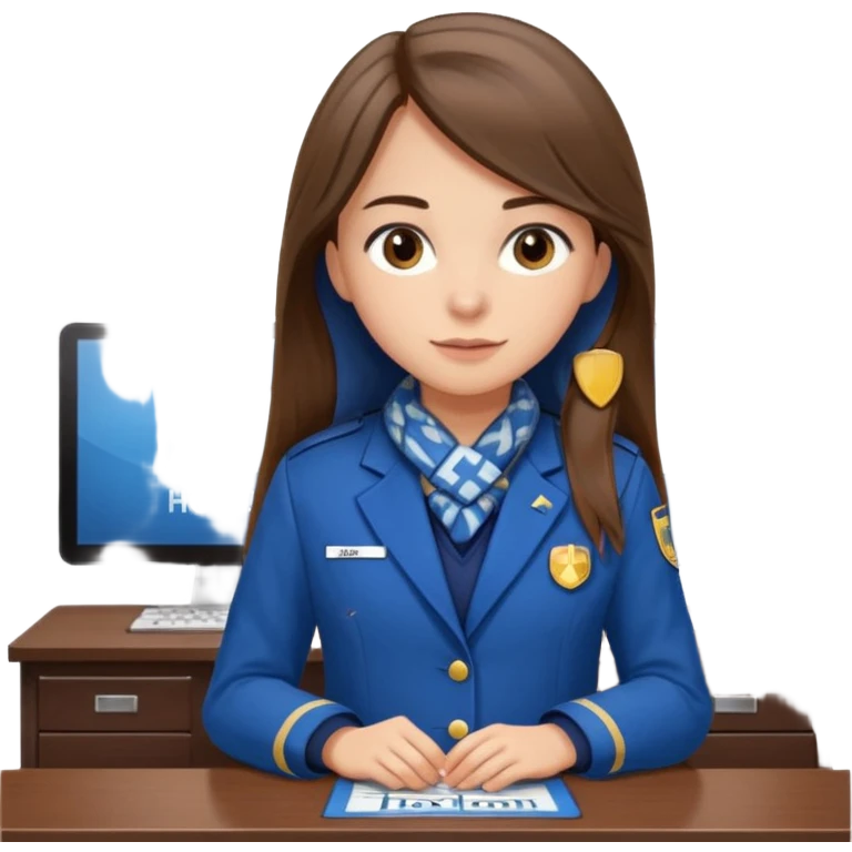Young girl, long straight hair, wearing uniform jacket with hotel name badge, tasteful scarf, stand behind the desk

 emoji