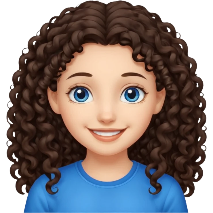 a girl with long dark brown curly hair that starts at the level of her ears, and blue eyes emoji