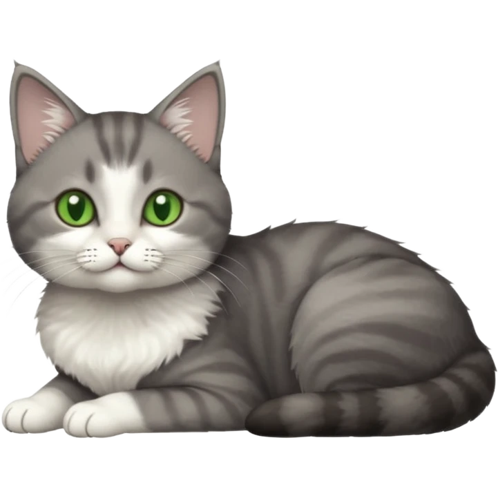 full body tiny short hair dark grey and white cat with white front legs and green eyes lying down emoji