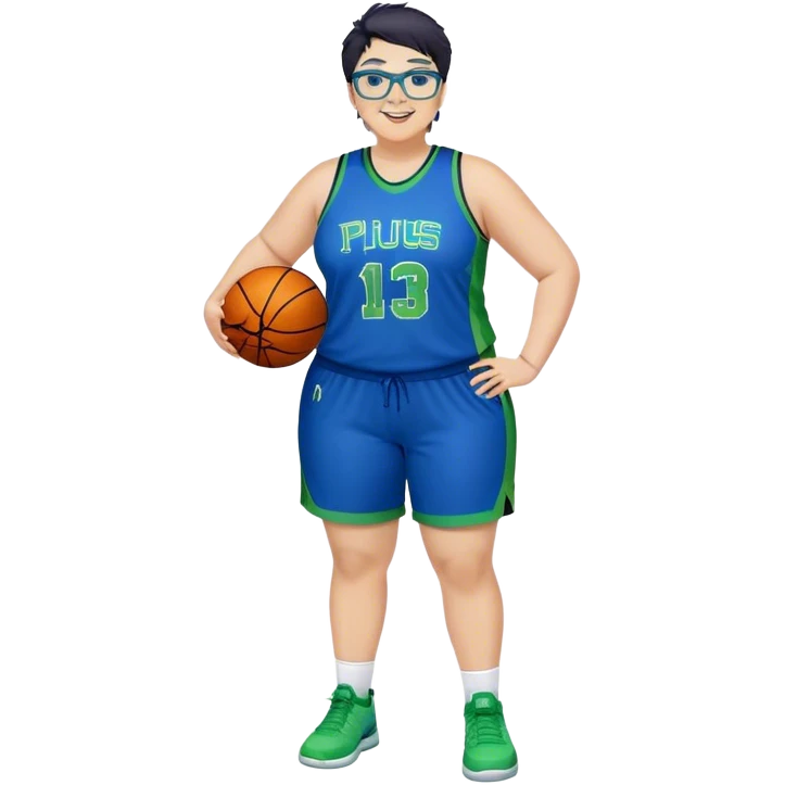 Full Body plus size white female basketball player with short dark hair with highlights spike hair wearing blue glasses  wearing blue green uniform smiling emoji