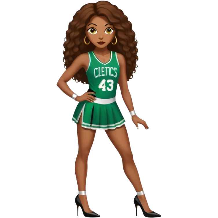 A 48-year-old black woman with brown eyes, long brown baylaige hair dressed in sexy 
celtics jersey costume outfit and stilettos  emoji