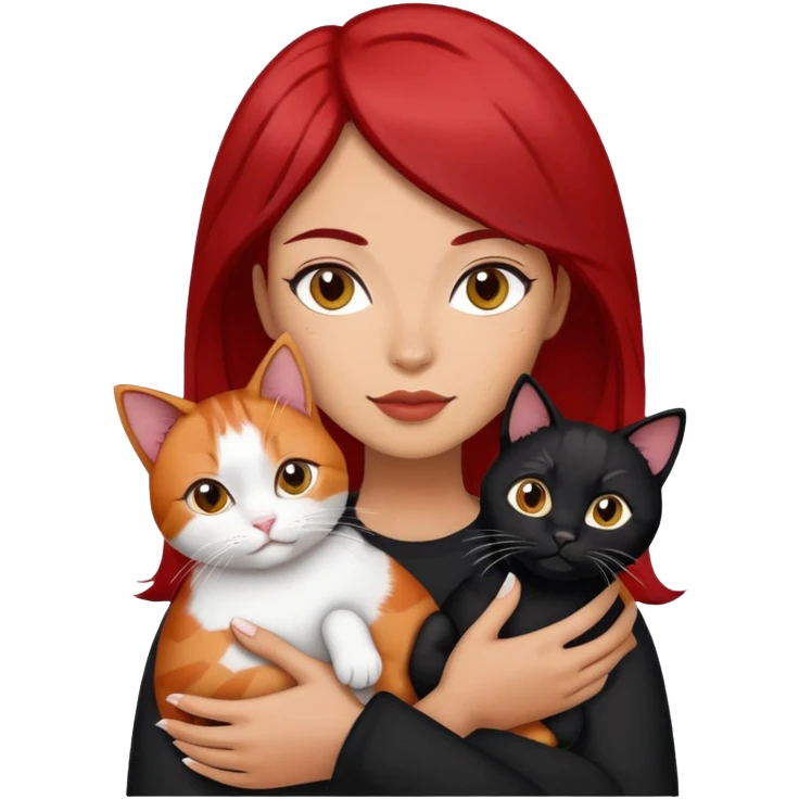 perempuan berambut merah dan hitam sedang menggendong kucing 3 warna yaitu hitam, coklat, dan putih  emoji