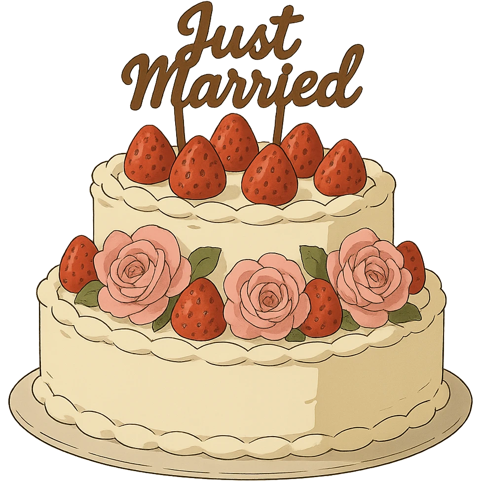 white wedding cake with strawberries, pink roses, 'Just Married' topper, ghibli style emoji
