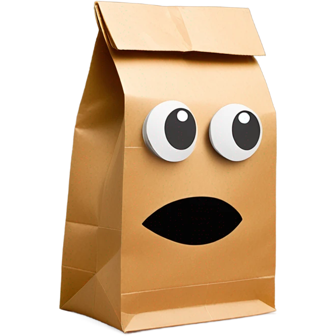 Paper lunch Bag on head with cut out eyes emoji
