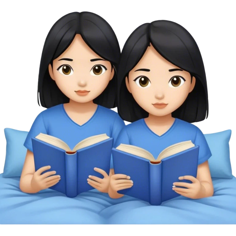 two asian girls black hair on the bed reading blue books emoji