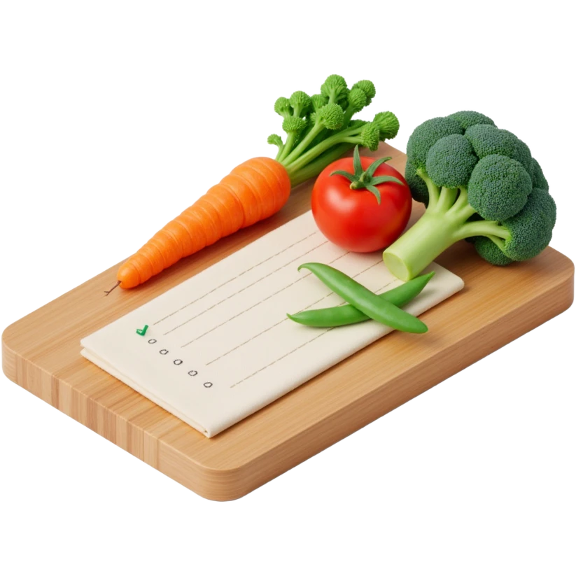 "3D isometric illustration of a wooden cutting board with fresh vegetables (carrot, broccoli, tomato, peas), a paper grocery list with checkboxes, soft lighting, realistic textures, floating shadows, minimalistic style, dark background, modern food planning app aesthetic emoji