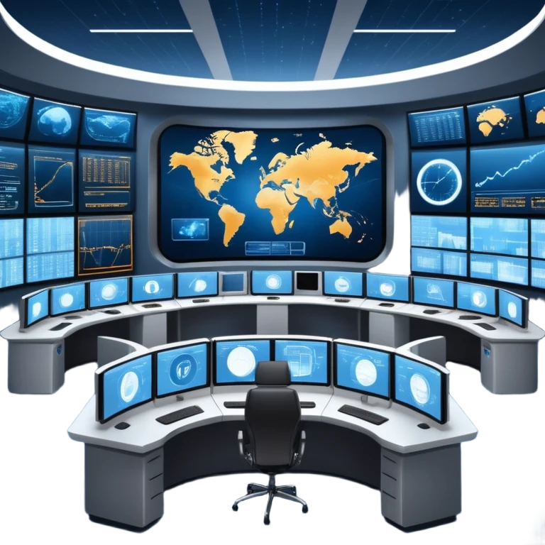Cinematic mission control center, massive curved video walls with complex telemetry and glowing data visualizations, symmetrical high-tech workstations, dim blue and amber ambient lighting, sharp focus, hyper-realistic, atmosphere of absolute precision. emoji