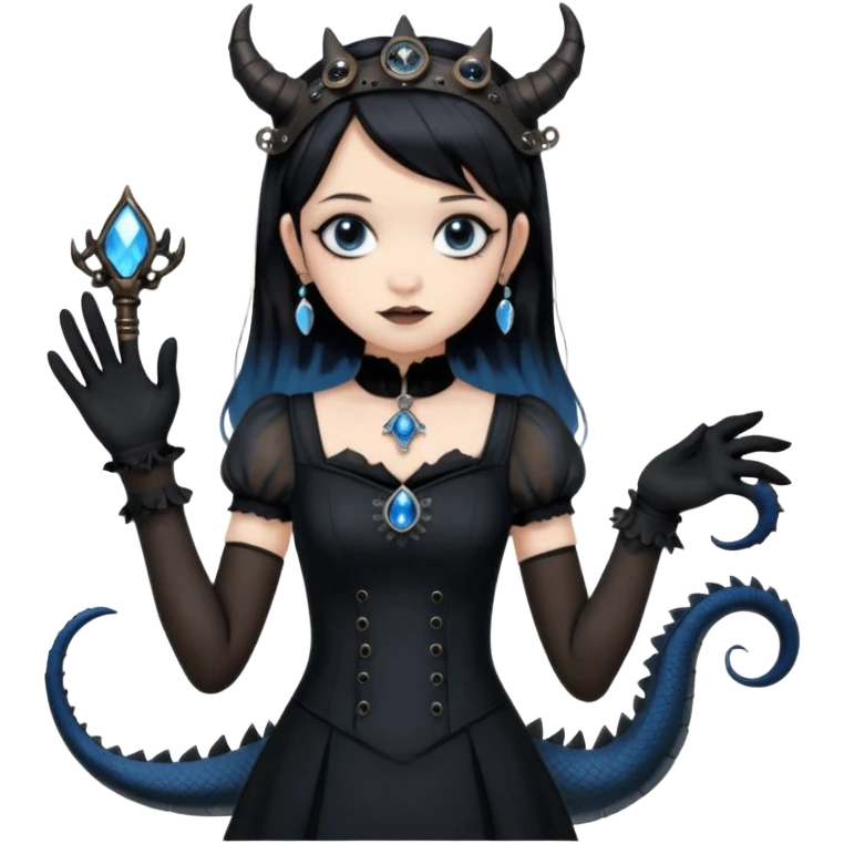 Slim fitting seductive dress Holed and worn Lavish black evening gown with see-through wispy black gloves , Jenna Ortega as student Addams woman wearing a steampunk style mini tiara, very large blue evil-looking horned old dragon companion with evil eyes  emoji
