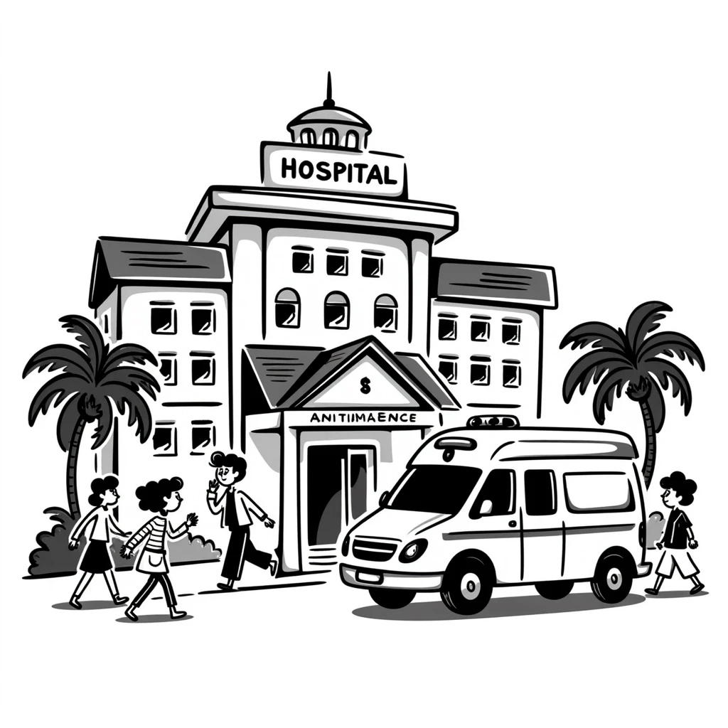 Busy Bangkok hospital exterior with ambulance and Thai architectural details emoji