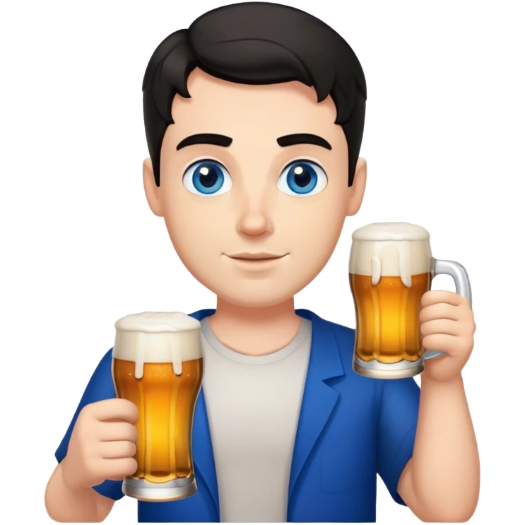 white guy thick eyebrows blue eyes with short wavy black hair holding beer emoji