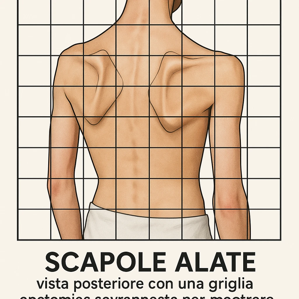 Scapole alate, vista posteriore con una griglia anatomica sovrapposta per mostrare la posizione anomala, didascalia in italiano, ispirata alla foto di riferimento. emoji