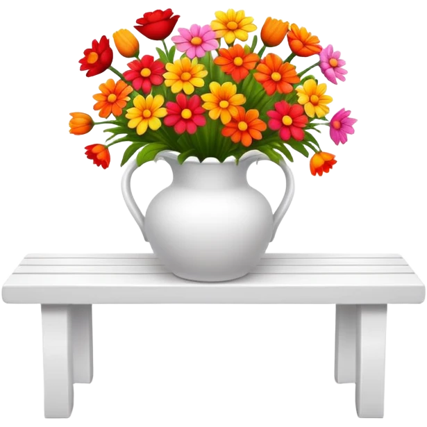 White benches with a romantic lush warm-colored flower vase on top of table emoji