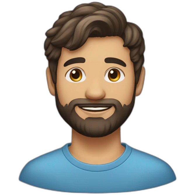 Un jeune homme blancavec une barbe légèrement fournie, des cheveux très courts bruns et un regard confiant emoji