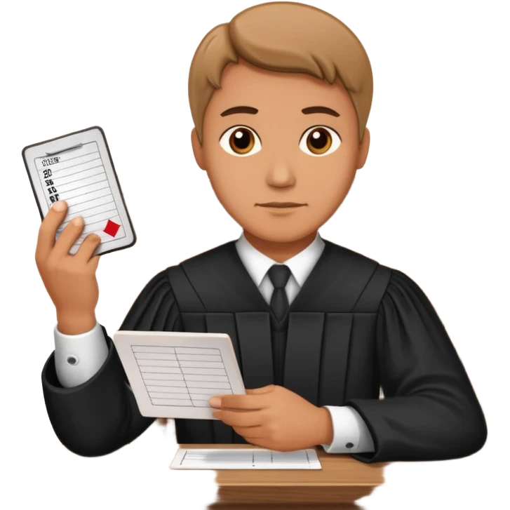 a judge at a table handing over a score card, simple, no text on card emoji