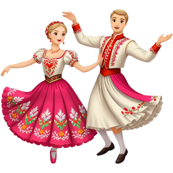 Cinematic Realistic scene of two dancers performing the Mazurka, dressed in vibrant traditional Polish costumes with intricate embroidery and flowing skirts, captured in graceful motion with warm, festive lighting emoji