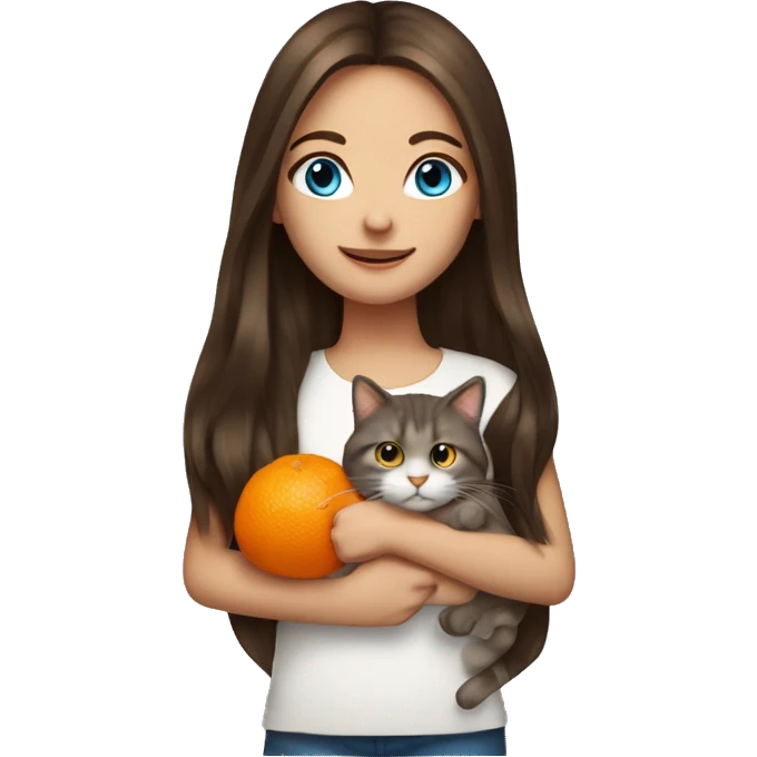 long hair brunette girl with blue eyes holding orange cat emoji