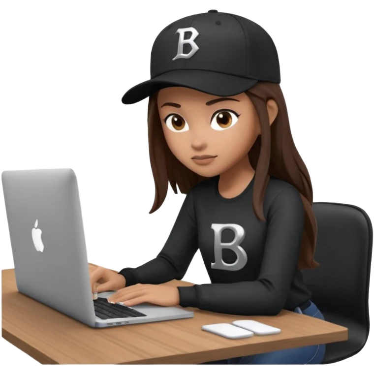 A professional 3D avatar of a young woman with light brown skin and long, dark brown hair, wearing a dark, long-sleeved shirt and a black baseball cap with a prominent white 'B' logo. She's sitting at a sleek wooden desk, typing on a silver MacBook. emoji