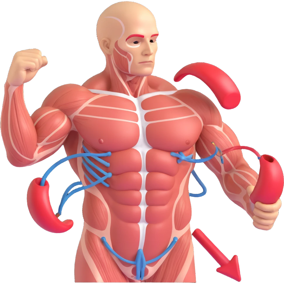 muscles with very low oxidative capacity, fat molecules around struggling to enter, realistic 3D style, anatomical details, transparency effect showing muscle fibers and molecules, red arrows indicating difficulty, clinical atmosphere, white background emoji