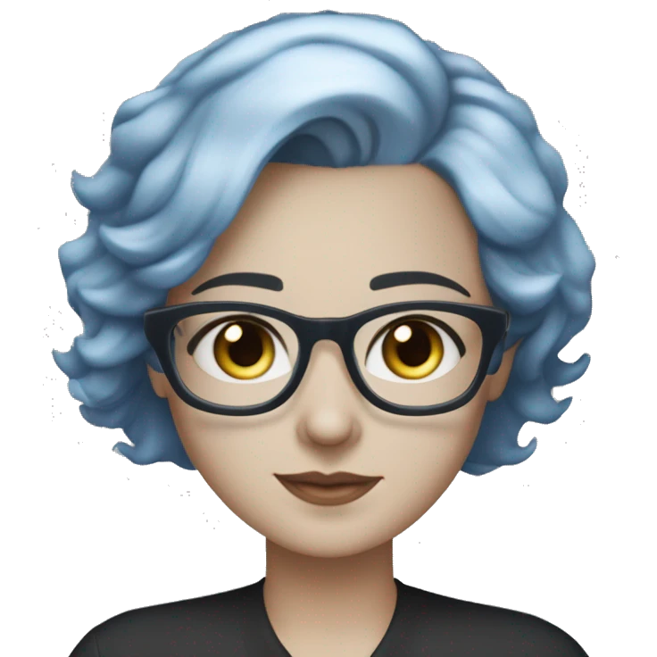 Caucasian woman with choppy chin length layered blue hair and grey eyes wearing light grey square-shaped glasses and a black collared shirt emoji