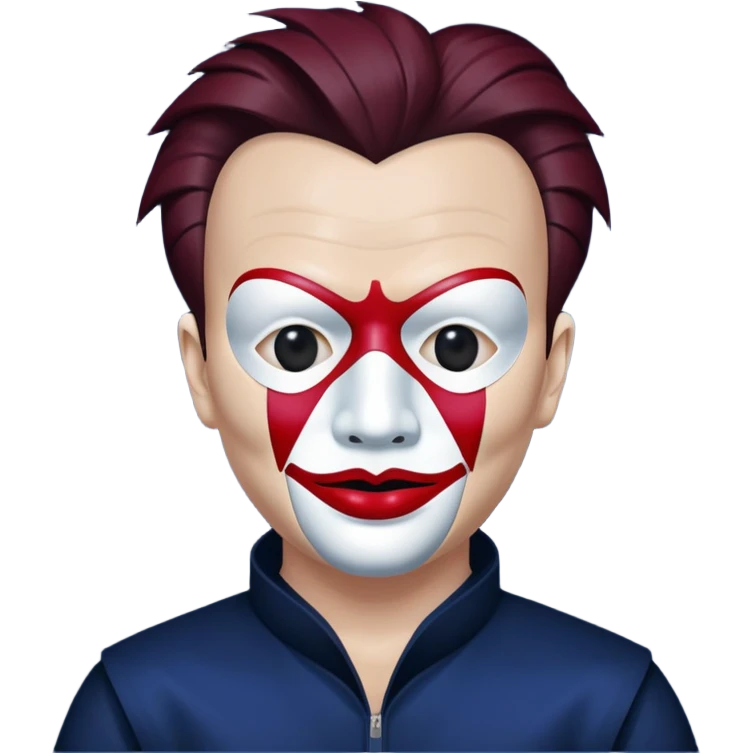 Mirrored Rick Astley but he has a mask that looks like a Japanese female version of Jigsaw, the entire picture, including Mirrored Rick Astley, is deepfried and dark as hell, the background is (deepfried) dark blue, and Mirrored Rick Astley is (deepfried) dark red emoji