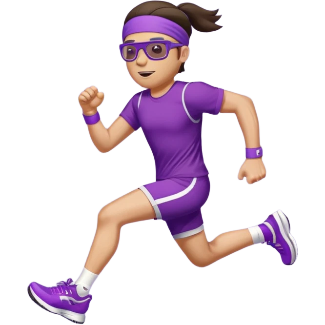 Running man in tight shorts and a purple t-shirt that says 'progressive run', with a headband, dark hair, running glasses, and stylish bright sneakers, emoji style, variation 2 emoji