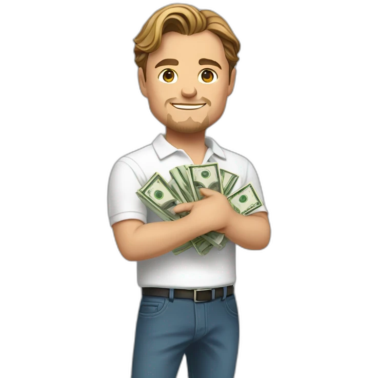 leonardo dicaprio in a white polo shirt holding a folded stack of money in his hand emoji