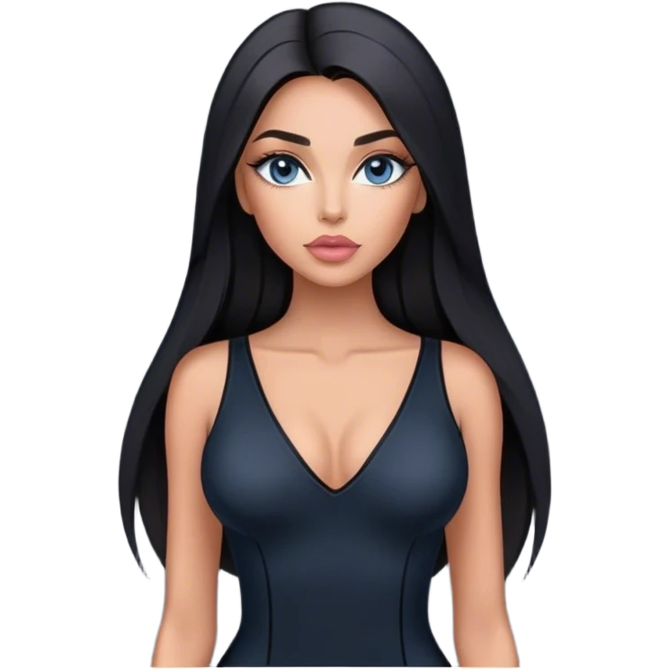Glamours, tanned, very beautiful girl, with big pump peach-beige-rose lips, long lashes, black straight smooth silky long hair, straight parting hair, blue-grey eyes, in black v-neck bodysuit emoji