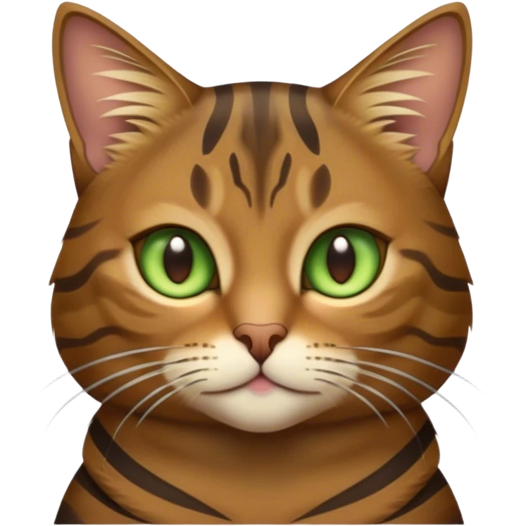 Cinematic Noble Brown Tabby Cat Portrait Emoji, Poised and regal, with sleek, well-groomed fur in warm brown tones accented by bold dark tabby stripes, striking almond-shaped golden-green eyes, Simplified yet sharp and sophisticated features, highly detailed, glowing with a soft, dignified glow, high shine, intelligent and graceful, stylized with an air of elegance, focused and attentive, soft glowing outline, capturing the essence of a watchful and refined feline, so majestic it feels as though it could glide across the screen with effortless confidence! emoji