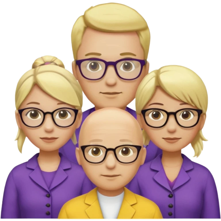 FIVE person team; 2 men and 3 women.  All dressed in yellow or purple.  2 caucasian women have blonde and 1 has ash blonde hair tied up.  1 man is black and bald, 1 man is caucasian and very little hair left.  All have glasses emoji