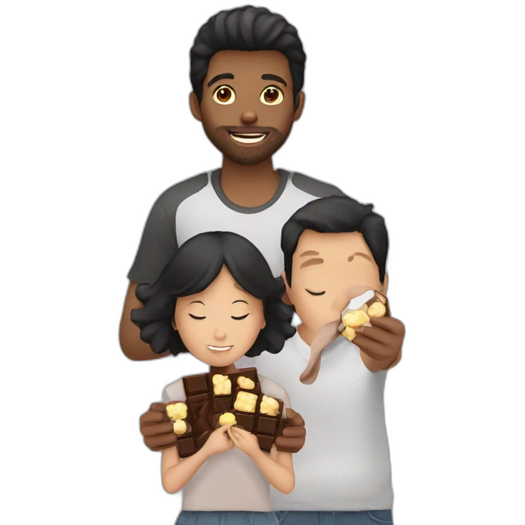 Young boyfriends eating chocolates. the boy has a beard and the girl has straight black hair emoji