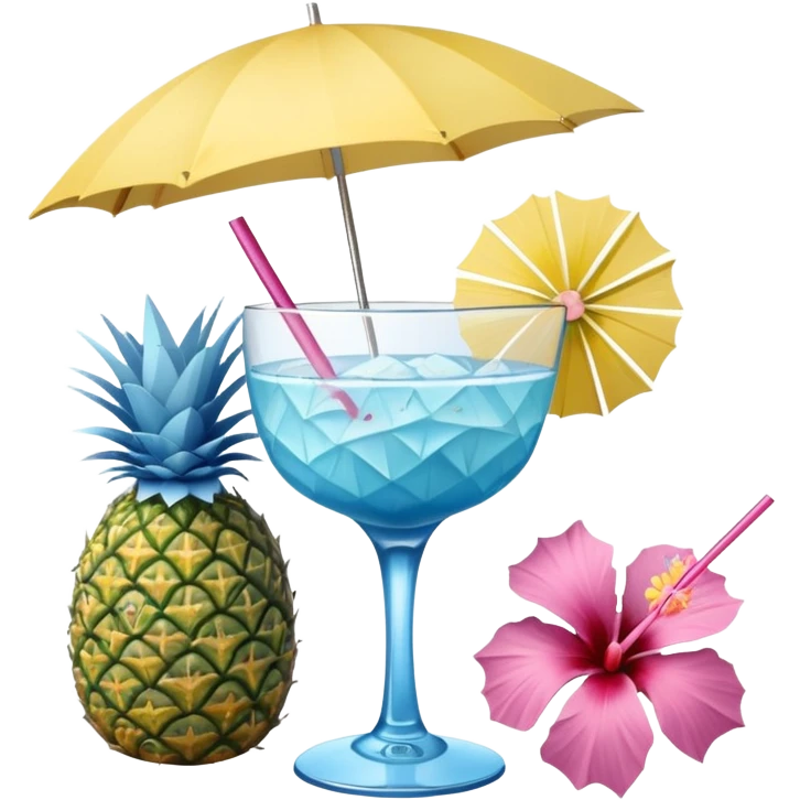blue tropical cocktail with hibiscus, pineapple, and tiny pastel paper umbrella garnishes emoji