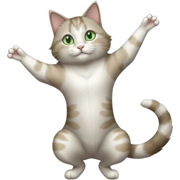 grey and white cat with green eyes doing a big extremely long stretch reaching up into the air with arms and legs side by side together straight and overextended emoji