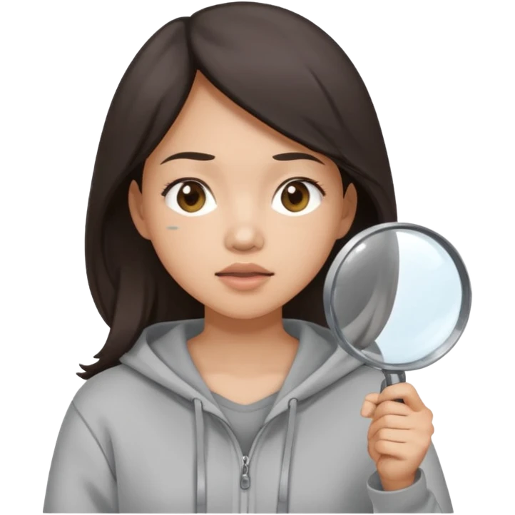 A brunette asian woman wearing hoodie holding a large magnifying glass and squinting at something to intently emoji
