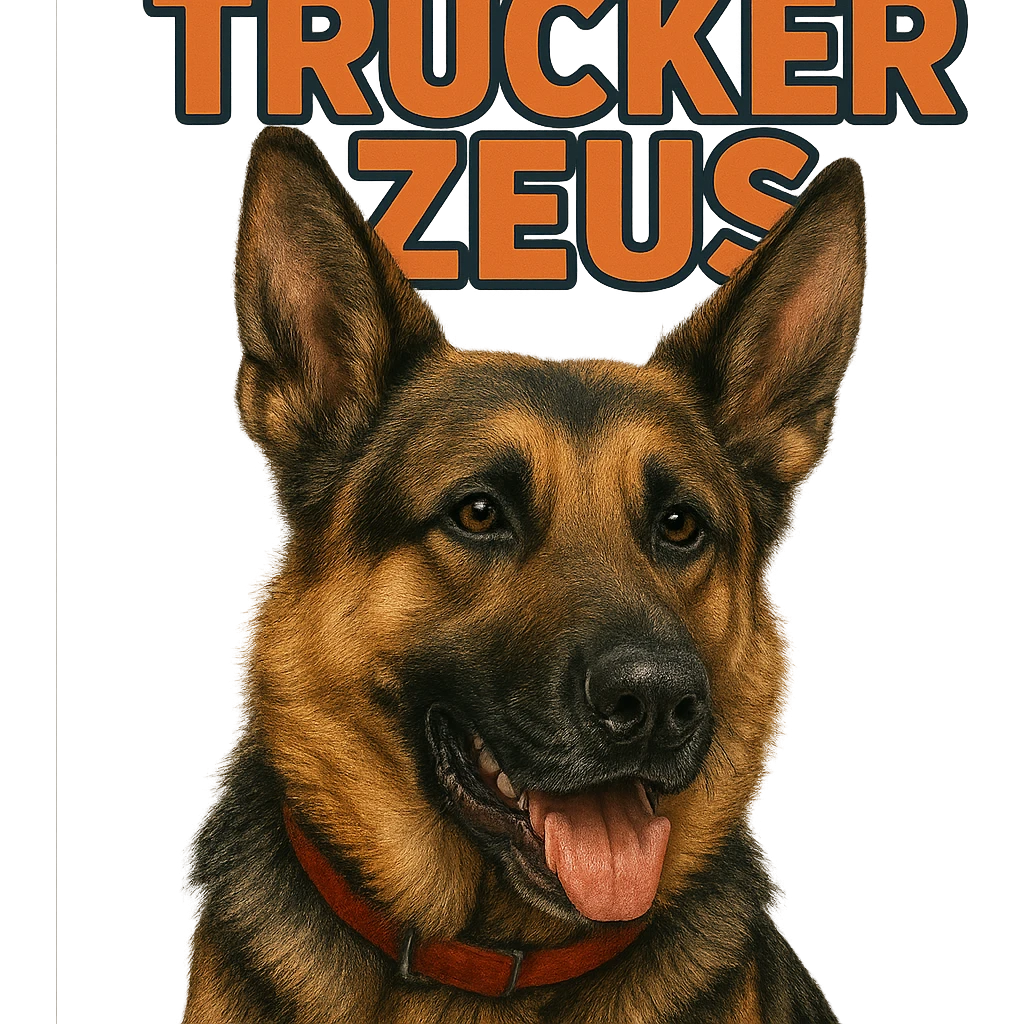 Make the German Shepherd dog more realistic, keep the words 'Trucker Zeus' over top, preserve the original style. Remove the background. The original style is a detailed illustration with text overlay. emoji
