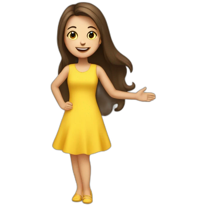 Brunette very happy girl with long hair shake her hand for say hi! to someone. She is wearing a yellow dress emoji