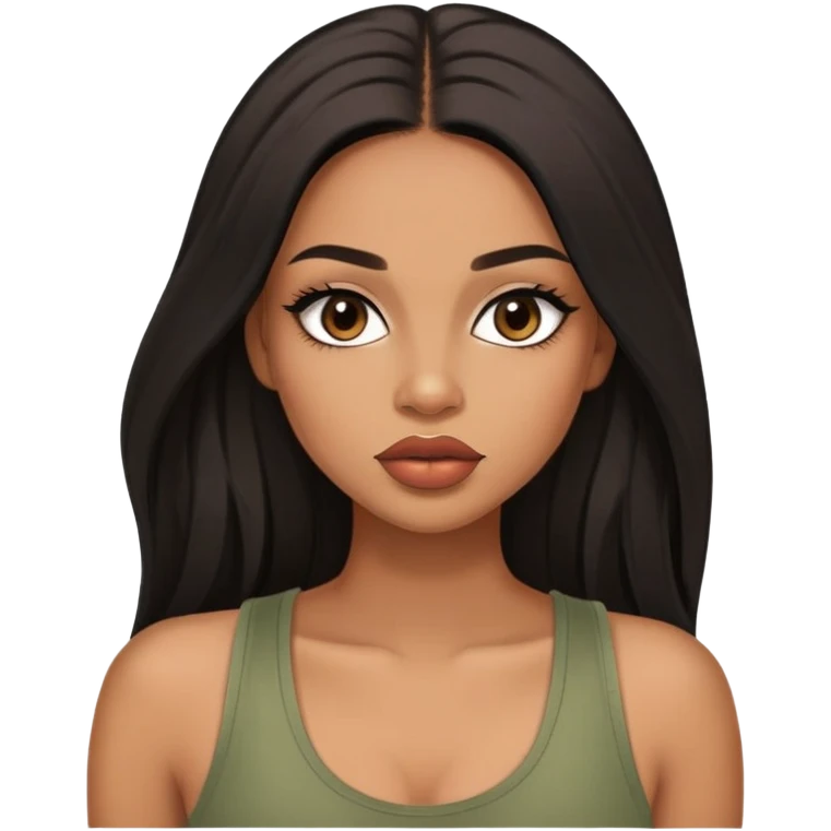 light brown skin tone, very beautiful woman, with big plump lips, long long lashes, black straight long hair, brown eyes, sage tank top emoji