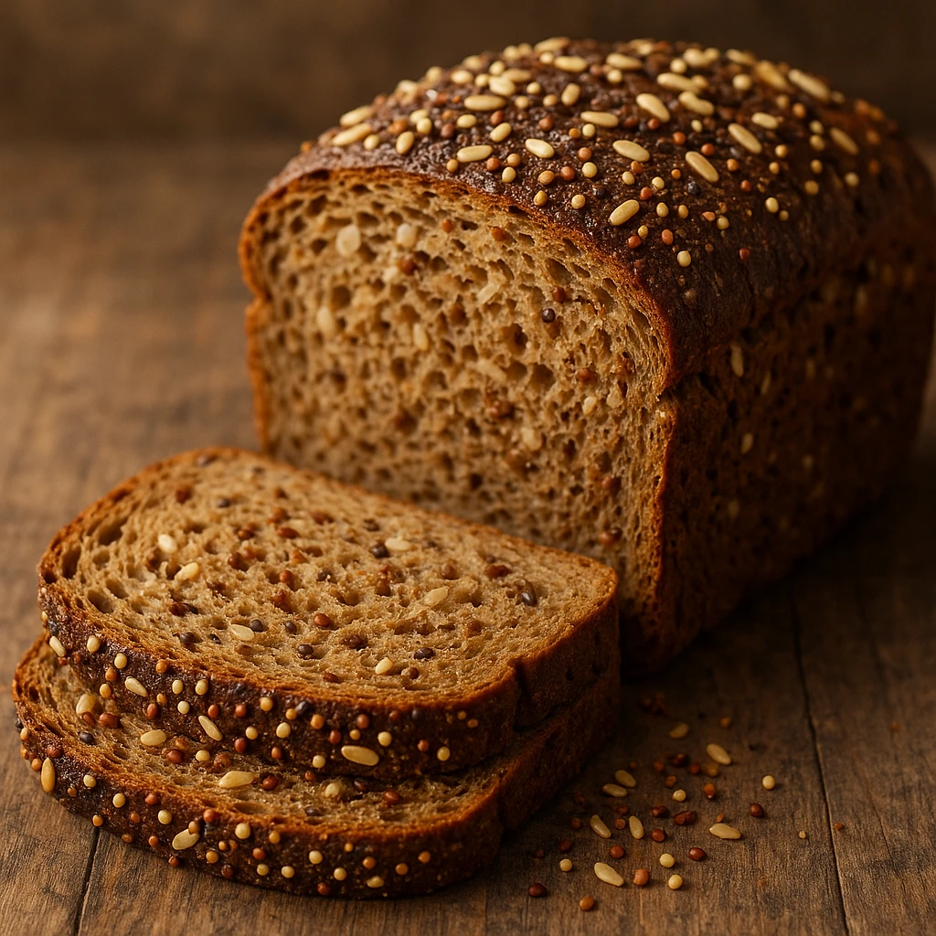 whole wheat bread with quinoa and rice, realistic photo, sliced, showing texture and seeds, artisanal style emoji