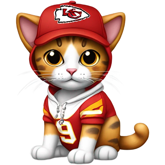 Calico cat wearing KC chiefs hoodie and chiefs ball cap emoji