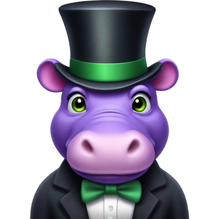 A purple hippo with green eyes and a top hat emoji