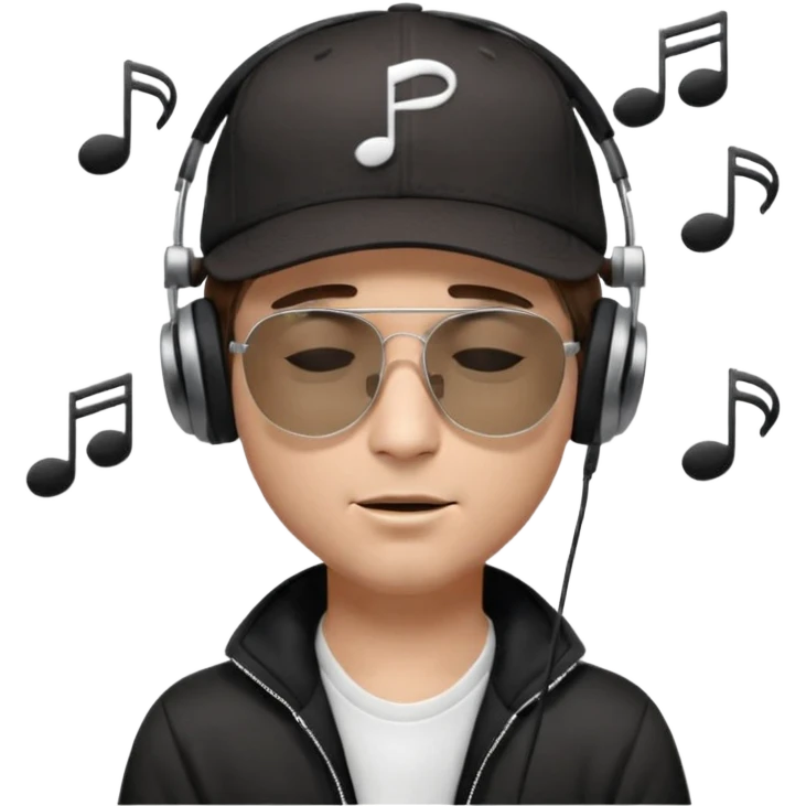 emojis.com dj-man-white-with-baseball-cap---rayban-sun-glasses-80s---brown-hair---closed-eyes-with-headphones-on-with-musical-note-over-head-(listening-to-music-)---eyes-closed-no-glasses---black-hat--musical-notes emoji