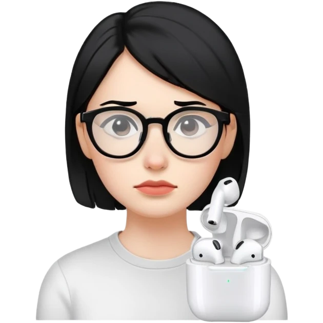 "- Nữ
- 30 tuổi
- Da trắng
- Tóc đen
- Đeo kính, đeo airpod
- Mặt buồn
" emoji